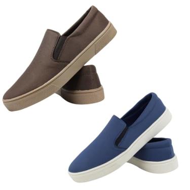 Imagem de Kit 2 Sapatênis Slip On Confortável Leve Versátil Tênis Estiloso Solado Macio Calce Fácil Prático Iate Masculino Feminino Casual Elástico Lateral (Café + Azul, BR, Adulto, Numérico, 40)