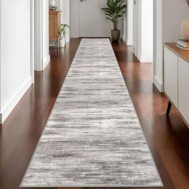 Imagem de KOZYFLY Tapete moderno abstrato lavável corredor 6 x 40 tapete corredor antiderrapante macio tapete de corredor de cozinha, tapete listrado cinza-bege para entrada, banheiro, lavanderia, hall de