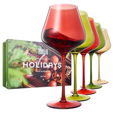 Imagem de Conjunto de 5 taças de vinho coloridas de Natal e férias em caixa de presente luxuosa – Taças com haste de 590 ml, jantar de Ação de Graças, festas e entretenimento – Vidro festivo vermelho, verde e