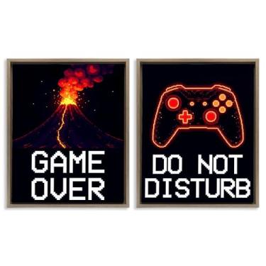 Imagem de Stupell Industries Conjunto de tela flutuante com moldura marrom Pixel Game Sentiments 2 peças, design de Kim Allen, 78 x 63 cm