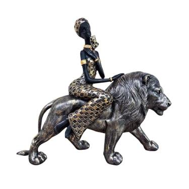 Imagem de Dwelloria Mulher africana em estátua de leão de bronze – estatueta de resina, escultura cultural tribal, decoração de casa africana colecionável