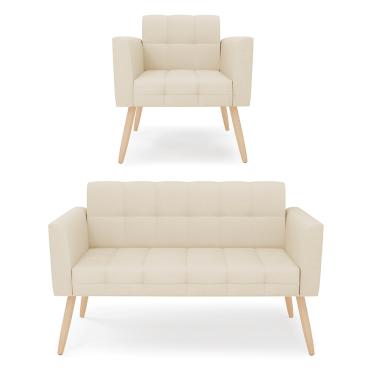 Imagem de Kit 1 Sofá Namoradeira e 1 Poltrona Elisa Linho Bege A19 Pés Palito Natural D03 - D'Rossi