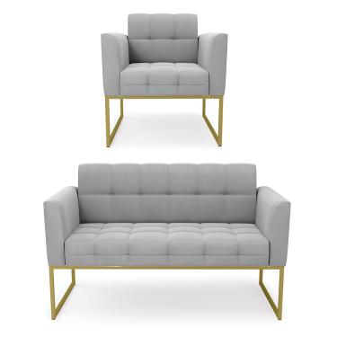 Imagem de Kit 1 Sofá Namoradeira e 1 Poltrona Elisa Suede Cinza Base Metálica Industrial Dourado D03 - D'Rossi