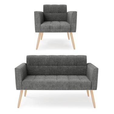 Imagem de Kit 1 Sofá Namoradeira e 1 Poltrona Elisa Linho Grafite A26 Pés Palito Natural D03 - D'Rossi