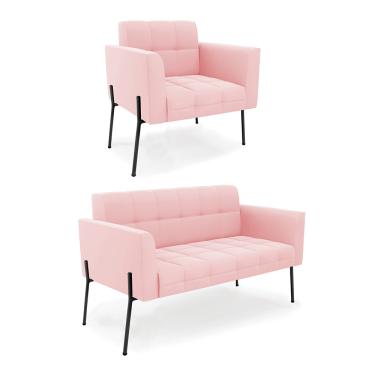 Imagem de Sofá Namoradeira e Poltrona Pé de Ferro Preto para Sala Elisa Suede Rosa Bebê D03 - D'Rossi