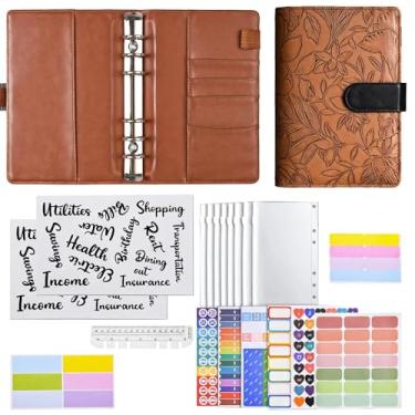 Imagem de A6 Diário de couro sintético em relevo floral, fichário de 6 anéis com adesivos de orçamento, agenda diária, organizador de compartimentos para cartão