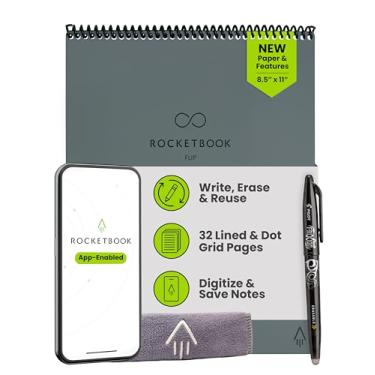 Imagem de Rocketbook Flip - com 1 caneta Pilot Frixion e 1 pano de microfibra incluído - capa cinza, tamanho carta (21,6 cm x 28 cm)