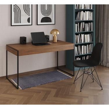 Imagem de Escrivaninha Industrial Escritório Malta Amêndoa Com 1 Cadeira Eames Eiffel Preta Base Ferr Marrom