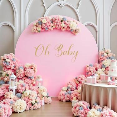 Imagem de FIXORO Capa de fundo redonda rosa de 2,5 m para suporte de arco circular de 1,5 a 2,2 m com placa de decalque Oh Baby - Capa de arco de elastano grossa para chá de bebê, arco de casamento, festa de