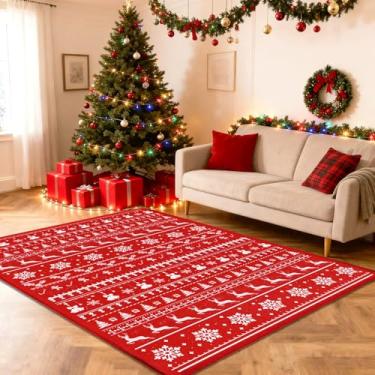 Imagem de Tapete de Natal 12 x 18 cm vermelho vintage floral antiderrapante para sala de estar, tapete de interior festivo lavável de pilha baixa