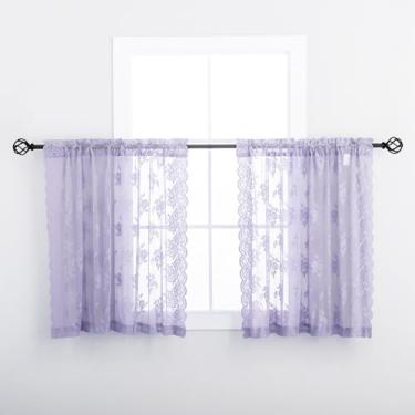 Imagem de Cortinas transparentes curtas roxas claras 91 cm de comprimento, 2 painéis, L 106 x C 91 cm cada, cortinas de renda pequenas vintage floral country rusitc para janela de cozinha sobre pia, cortina de