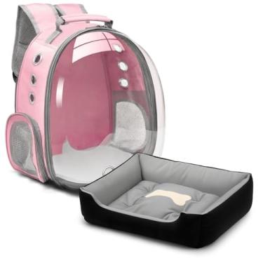 Imagem de Kit Mochila Panorâmica + Cama Pet Confortável | Transporte e Descanso para Cães e Gatos Pequenos (Rosa)