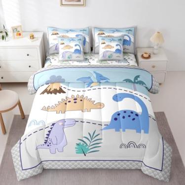 Imagem de Jogo de edredom completo com estampa de dinossauro fofo, 7 peças, adorável mundo animal, conjunto de edredom infantil com edredom, lençol de cima, lençol com elástico, fronhas e fronhas