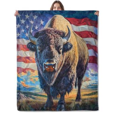 Imagem de Lugiu Cobertor de bisão patriótico, leve e confortável para sofá, quarto, flanela macia para viagem, pano de fundo, cobertor para adultos e mulheres, decoração de casa 152 × 127 cm