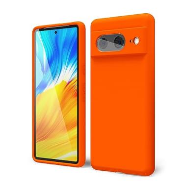 Imagem de oakxco Capa de silicone líquido para Google Pixel 8, cor sólida neon brilhante, gel de borracha macia, elegante, fina, TPU fosca, com capa de lente de câmera para mulheres, meninas, fofas, laranja