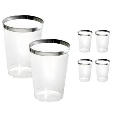 Imagem de Jogo 6 Copos Plástico Resistente Água Suco 300ml Borda Prata - Silver 