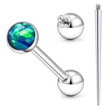 Imagem de Ruifan ASTM F136 Piercing de língua, de titânio, piercing de barra, anéis de língua, roscados internamente, joia de piercing de bochecha de titânio sólido opala verde para mulheres e homens, 14G, 16