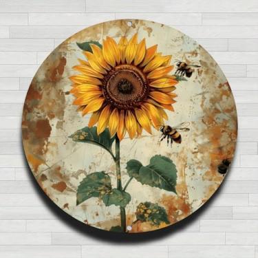 Imagem de Abelhas voando em torno de girassol vintage rústico alumínio metal placa de parede redonda, sem relógio real, 20 cm presentes internos e externos e decoração para casa, escritório, café e quintal