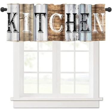 Imagem de JanJCurt Cortina de madeira rústica para cozinha, vintage Country Farmhouse Old Brown Black Wooden Blackout cortina de janela curta para sala de jantar, café, restaurante, 137 x 45 cm