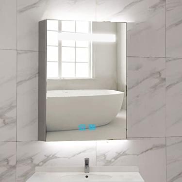 Imagem de Armário de banheiro de LED, espelho de LED SPXMQSS luz de 3 cores com prateleiras armários de banheiro espelhados com luzes de beleza de escurecimento contínuo, unidades de armazenamento montadas na