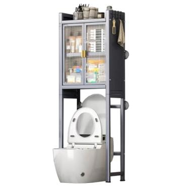 Imagem de SPXMQSS Unidade de armazenamento sobre vaso sanitário, armário de armazenamento de máquina de lavar, economia de espaço de banheiro independente com prateleiras ajustáveis e porta prateleira de