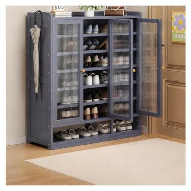 Imagem de SPXMQSS Sapateira para entrada, armário de sapatos de 7/8 níveis com portas, grande armário de armazenamento de sapatos, organizador de sapatos de bambu para 18-42 pares, sapateira independente cinza