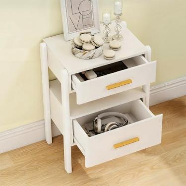 Imagem de Tltaroni Mesa de cabeceira branca com 2 gavetas e prateleira aberta, mesa de cabeceira de madeira com alças douradas, suporte noturno de armazenamento com luz para quarto