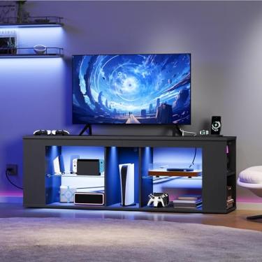 Imagem de CHOEZON Suporte de TV de 55 polegadas para TVs de até 65 polegadas com luzes LED RGB, tomada embutida, prateleiras de vidro ajustáveis e armazenamento aberto, console de mídia moderno para sala de