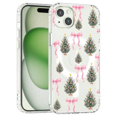 Imagem de AdorableWhimsy Linda capa de telefone de Natal para iPhone 15 Pro, árvore de Natal, fita de laço rosa, estampa de Natal, capa magnética transparente para mulheres e meninas, compatível com MagSafe