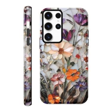 Imagem de Vulfwela Capa de telefone para Galaxy S24 Ultra 5G de 16,8 cm, linda flor de vitral, design floral botânico colorido, arte de janela, capa de telefone TPU macio e capa de proteção traseira de