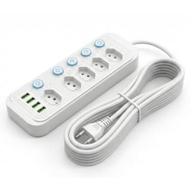 Imagem de Extensão Elétrica 3 Metros, 5 Tomadas e 4 Saídas USB, Botão de Liga e Desliga, Régua Com Filtro de Linha, Protege Seus Dispositivos Contra Curtos e Sobrecargas, 110V a 220V, Até 2500W