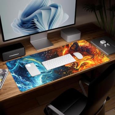 Imagem de Tapete de mesa de couro lobo, mouse pad de arte colorida grande teclado de computador mousepad para jogos à prova d'água protetor e capa de mesa, tapete de mouse decorativo de couro PU para laptop