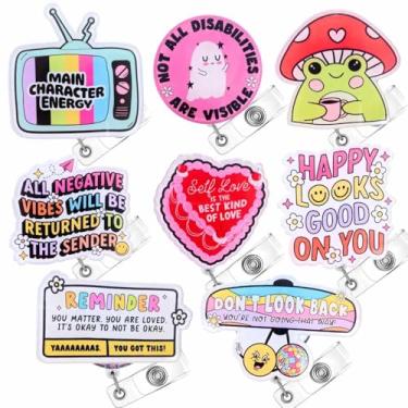 Imagem de YJ PREMIUMS Carretel de crachá fofo de 8 peças | Bonito porta-crachá retrátil com clipe de identificação | Sapo, cogumelo, kawaii, saúde mental, amor próprio, motivação positiva, enfermeira,