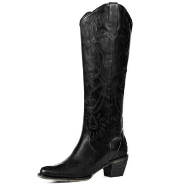 Imagem de Botas de caubói femininas, cano alto até o joelho, botas cowgirl com bordado clássico, bico fino, salto grosso, bota estilo faroeste, sem fecho, retrô, vintage, alta, Preto meia-noite, 38