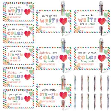 Imagem de Sabary Conjunto de 12 canetas multicoloridas com cartão de dia dos namorados, incluindo cartão de presente e caneta multicolorida retrátil para escritório, escola, festa do dia dos namorados, presente