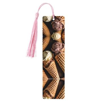 Imagem de Sorvete – Conjunto de 5 peças de marcadores de livro de madeira com borlas, madeira natural para livros e diários, presente para amantes de livros.