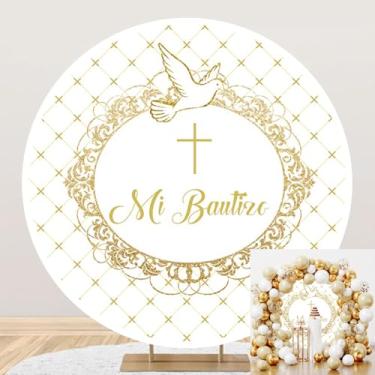 Imagem de 2,2 x 2,2 m Mi Bautizo pano de fundo redondo dourado pomba da paz cruz cristã fundo fotográfico para chá de bebê, decoração de festa de primeira comunhão, cenário de Páscoa, batismo, crianças, adultos