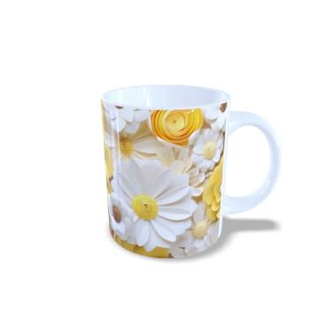 Imagem de Caneca de Cerâmica 325ml com Design de Flores 3D Coloridas, Estampa Floral Rosa, Azul e Amarelo (14129)