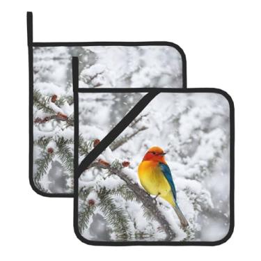 Imagem de Conjunto de tapetes quadrados resistentes ao calor com estampa de árvores de bétula, 2 peças antiderrapantes com alças para pendurar, para balcão de cozinha e proteção de mesa de jantar.