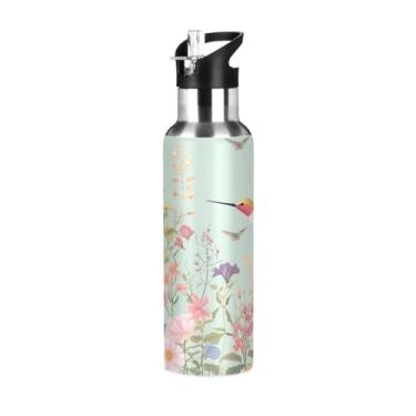 Imagem de Wassud Garrafa de água esportiva de aço inoxidável com canudo garrafas de água com isolamento de palha, copo de beija-flor portátil, bonito, floral, 940 ml