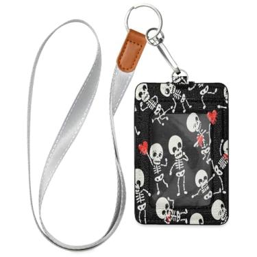 Imagem de Wassud Skeletons Playful Poses Suporte de crachá de couro PU com cordão, porta-cartão de identificação para trabalho, cordão de pescoço com compartimentos para cartões de crédito, funcionários