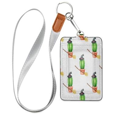 Imagem de Wassud Cactos com chapéu de bruxa de couro PU com cordão, porta-cartão de identificação para trabalho, cordão de pescoço com compartimentos para cartões de crédito, funcionários, estudantes, 39,9 cm