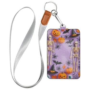 Imagem de Wassud Porta-crachá de couro PU esqueletos de Halloween com cordão, porta-cartão de identificação para trabalho, cordão de pescoço com compartimentos para cartões de crédito, funcionários, estudantes
