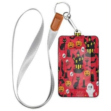 Imagem de Wassud Porta-crachá de couro PU para noite com tema de Halloween com cordão, porta-cartão de identificação para trabalho, cordão de pescoço com compartimentos para cartões de crédito, funcionários