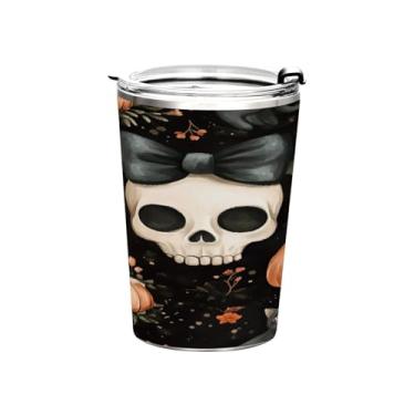 Imagem de STAYTOP Copo de aço inoxidável de caveira de açúcar de Halloween 368 g, copo de café isolado com tampa e canudo, caneca de café de viagem de parede dupla para bebidas quentes e frias