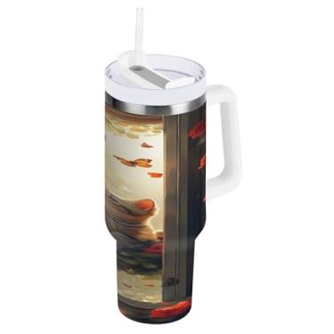 Imagem de STAYTOP Copo de gato fofo para Dia dos Namorados de 1,134 g com tampa e canudo, copo isolado de aço inoxidável durável à prova de vazamento com alça, garrafas de água à prova de derramamento para