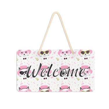 Imagem de Burbuja Placa de boas-vindas com cara de gato para porta da frente, placa de boas-vindas de PVC para decoração de férias de casa de fazenda, 15 x 28 cm