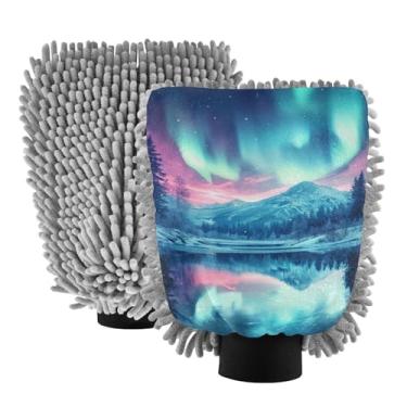 Imagem de STAYTOP Lindas luvas de lavagem de carro da Northern Lights, 2 peças, luvas de microfibra de chenille, sem arranhões, panos de esponja de lavagem ultra absorventes para carros, limpeza doméstica - L