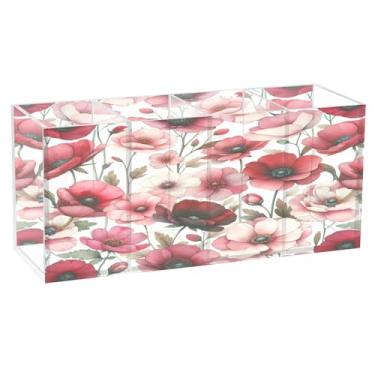 Imagem de Burbuja Porta-canetas de acrílico com flores vermelhas, 4 compartimentos, suporte de lápis transparente para pincéis de maquiagem, acessórios de mesa de escritório em casa