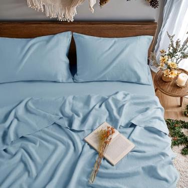 Imagem de REDASW Jogo de cama 100% France Linen California King, 4 peças, lençol com elástico alto, 40,6 cm, respirável, luxuoso, macio para todas as estações (azul escuro, California King)